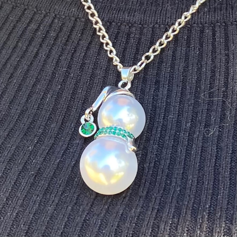 Snowman Necklace Silver Tone Green Crystals